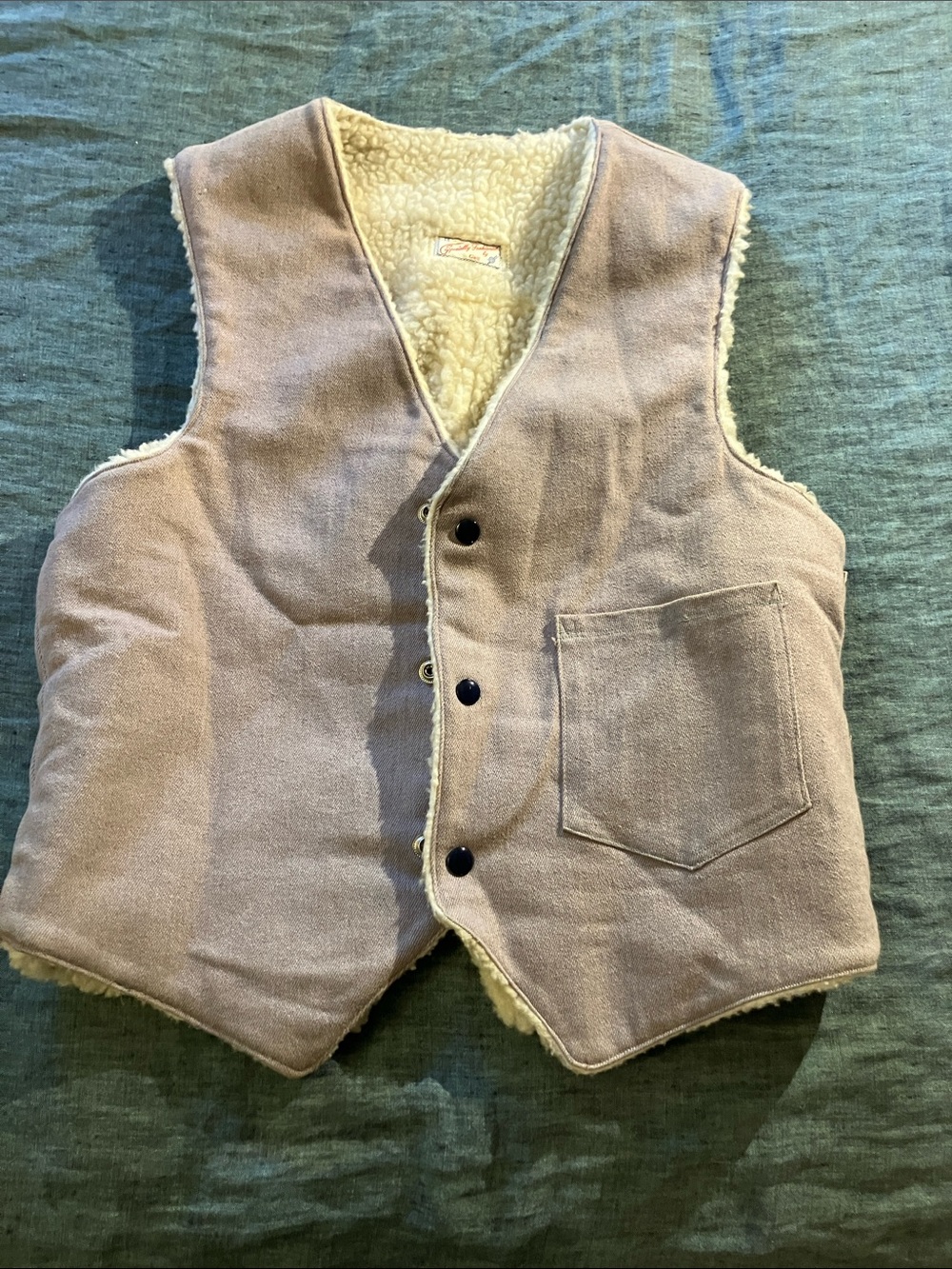 Fleece and canvas vintage vest handmade with snaps